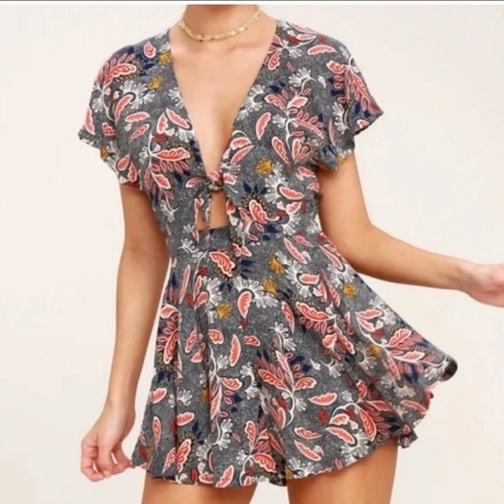 Aakaa Romper Womens S Paisley Floral Cutout Tie Front Boho Summer Flutter Sleeve